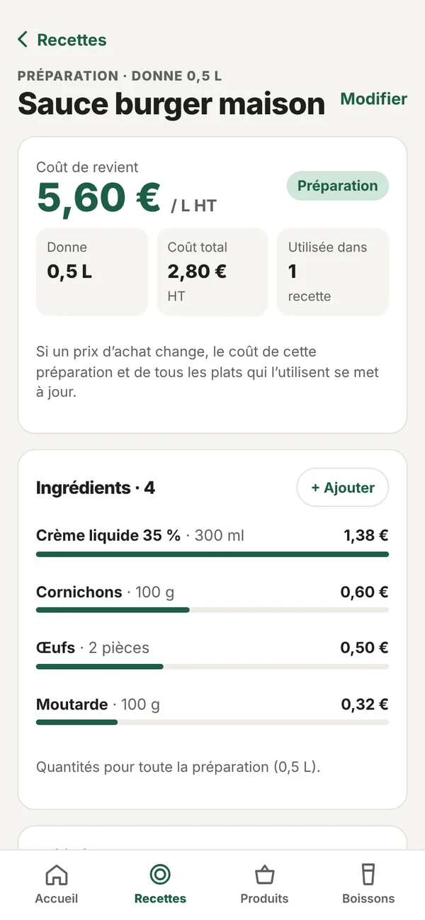 Fiche d’une sauce maison : coût de revient au litre